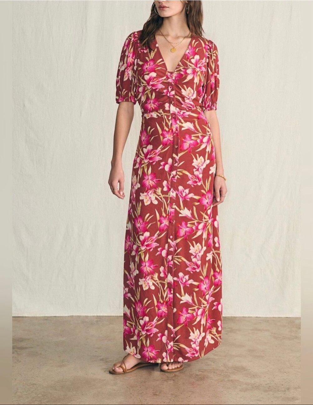 NWT Faherty Sorrento Majorca Floral Maxi Dress Pink Brown Boho Resort M